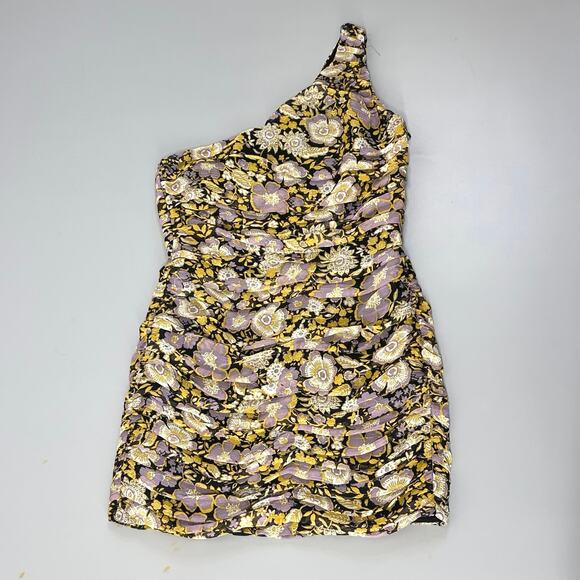 Zara One Shoulder Ruched Bodycon Mini Dress Dark Yellow Floral - Picture 4 of 8